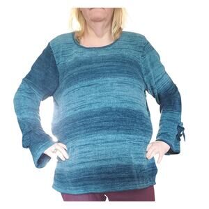 Coldwater Creek Size 2X Green Striped Bell Sleeve Soft Chenille Sweater